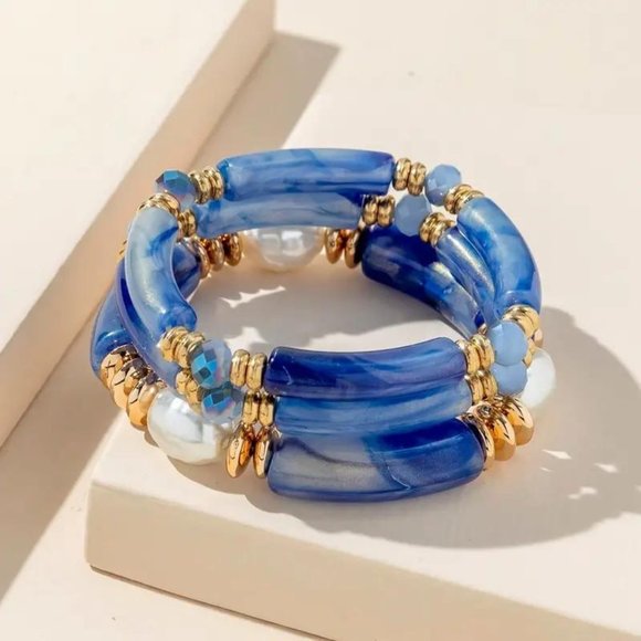 Jewelry - Blue & Pearl Acrylic Tube Bead Bracelet Set